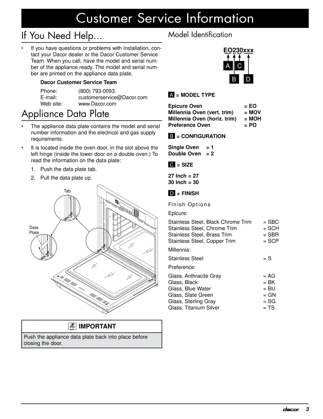 Dacor MOH230, MOV230 Customer Service Information, If You Need Help, Appliance Data Plate, Model Identification 