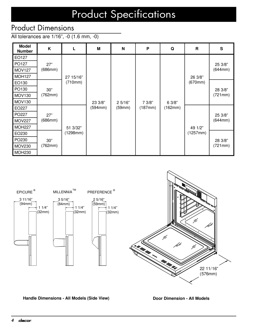 Dacor MOV230, MOH230 installation instructions Product Specifications, Product Dimensions, Model Number 