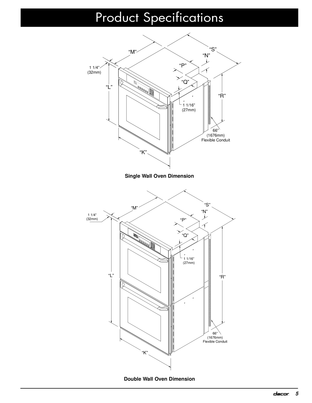 Dacor MOH230, MOV230 installation instructions Single Wall Oven Dimension, Double Wall Oven Dimension 