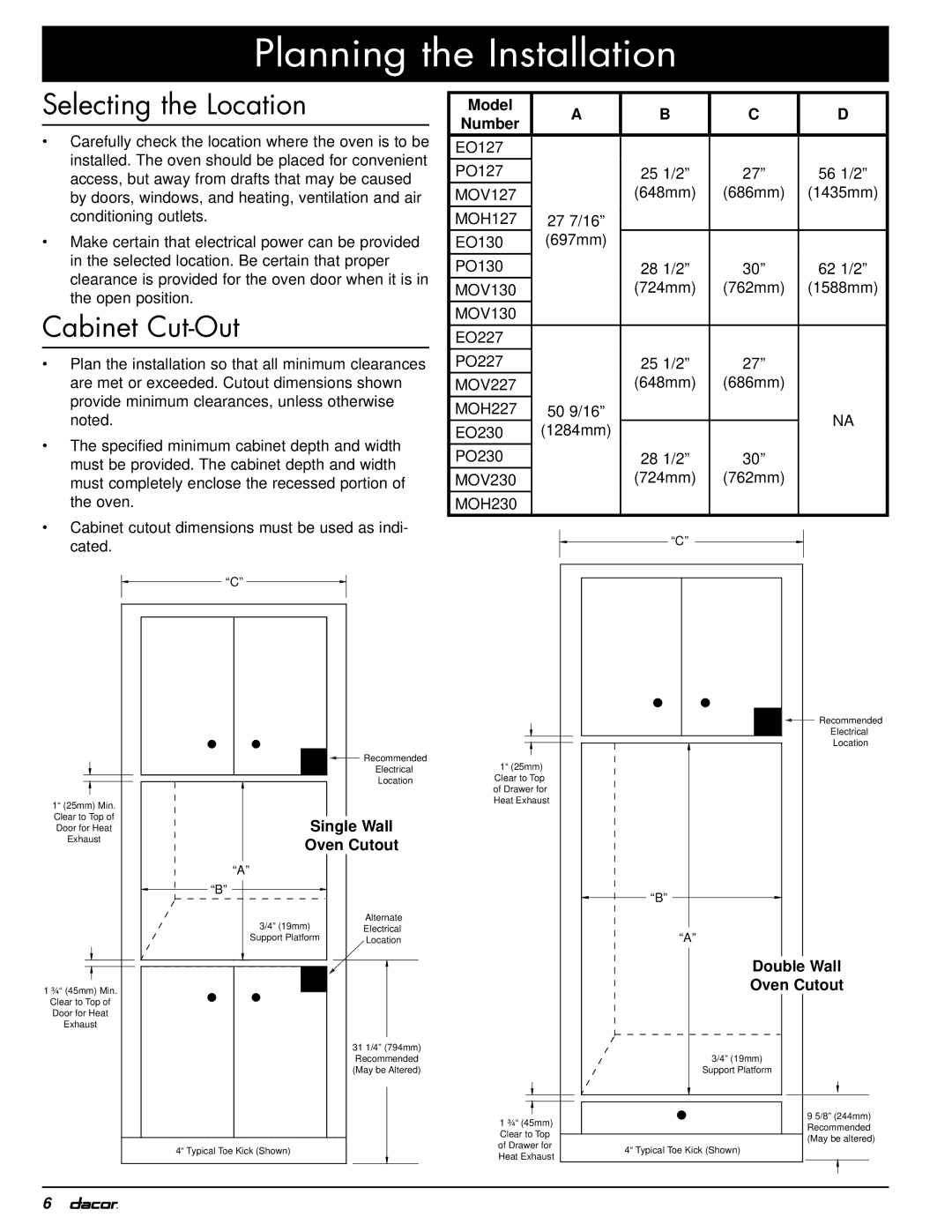 Dacor MOV230, MOH230 Planning the Installation, Selecting the Location, Cabinet Cut-Out, Single Wall, Oven Cutout 