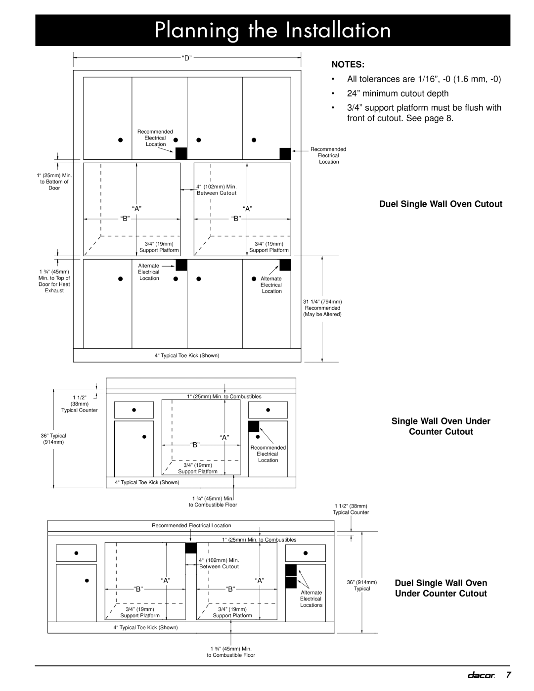 Dacor MOH230, MOV230 installation instructions Duel Single Wall Oven Cutout, Single Wall Oven Under Counter Cutout 