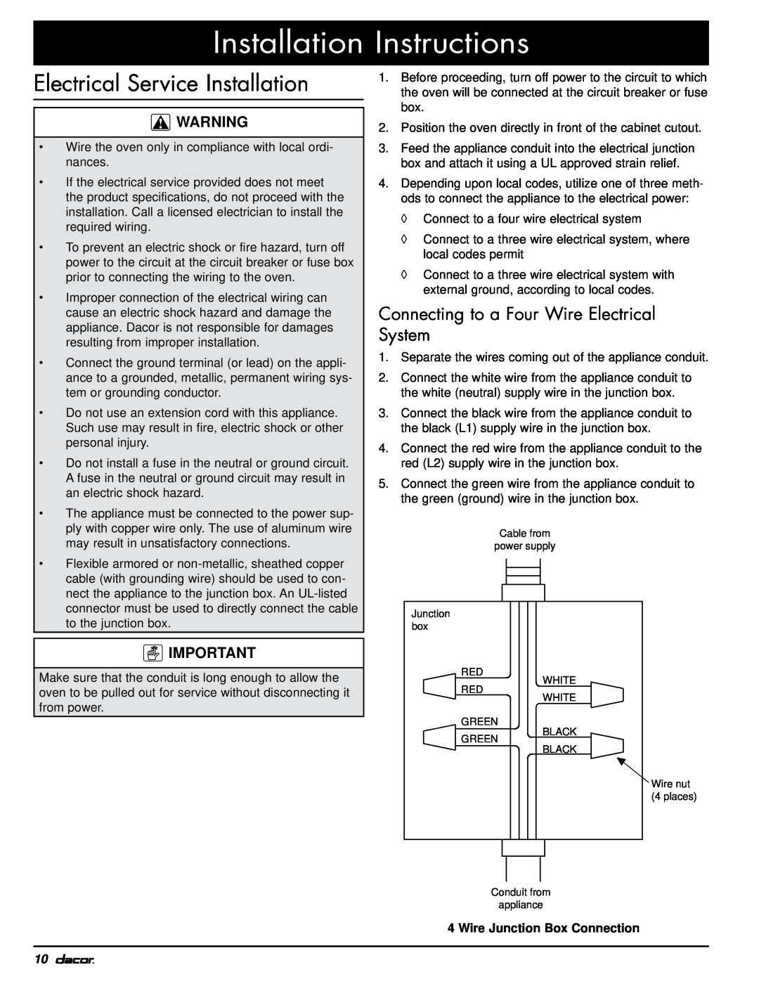 Dacor MOV230 Electrical Service Installation, Connecting to a Four Wire Electrical System, Installation Instructions 