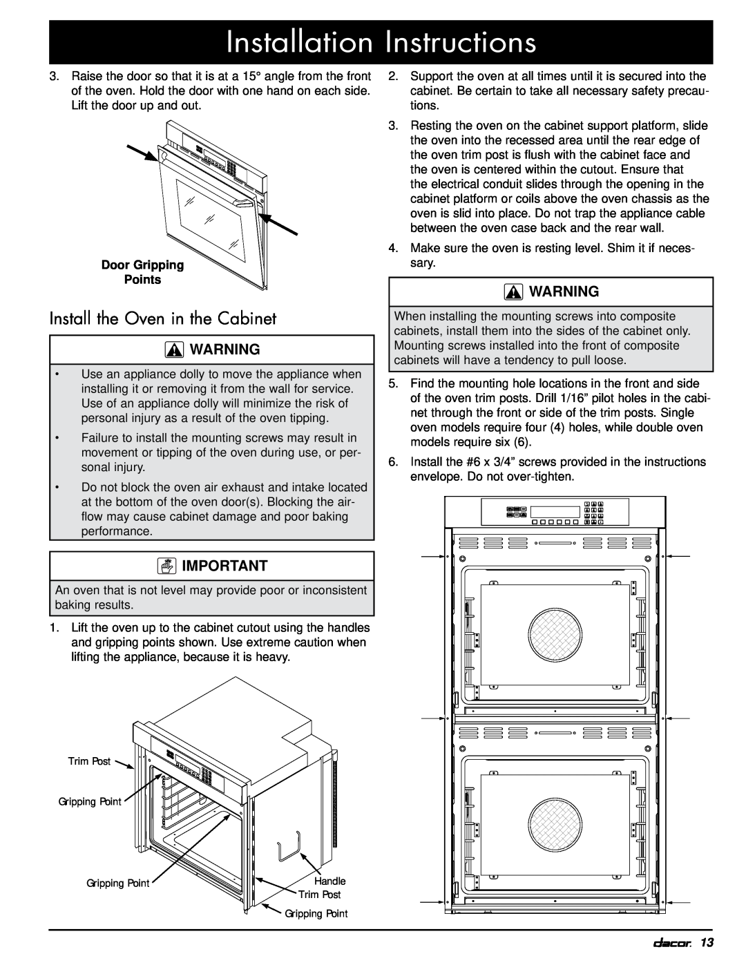 Dacor MOH230, MOV230 Install the Oven in the Cabinet, Installation Instructions, Door Gripping Points 