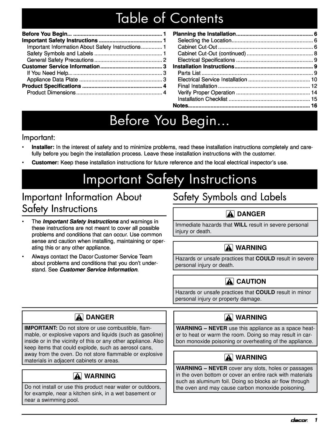 Dacor MOH230, MOV230 Table of Contents, Before You Begin, Important Safety Instructions, Safety Symbols and Labels, Danger 