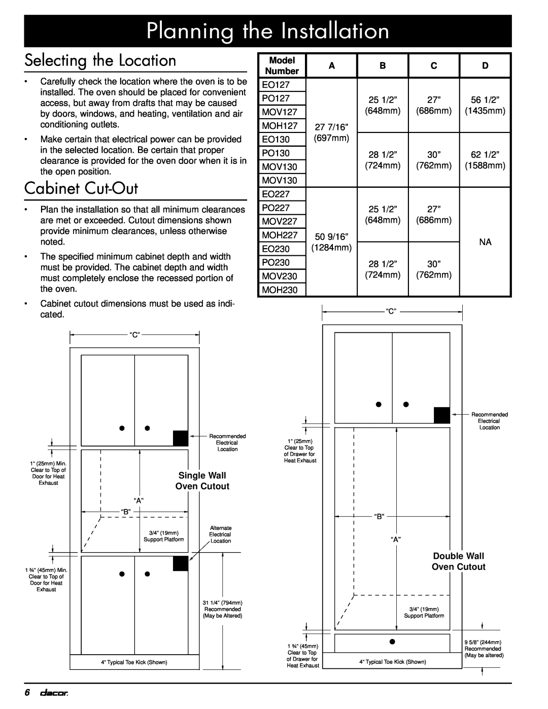 Dacor MOV230, MOH230 installation instructions Planning the Installation, Selecting the Location, Cabinet Cut-Out 