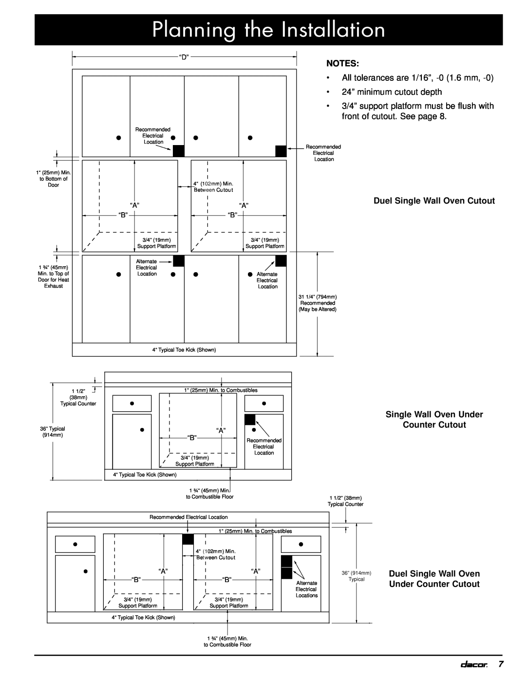 Dacor MOH230, MOV230 Planning the Installation, Duel Single Wall Oven, 4“ 102mm Min, Between Cutout 