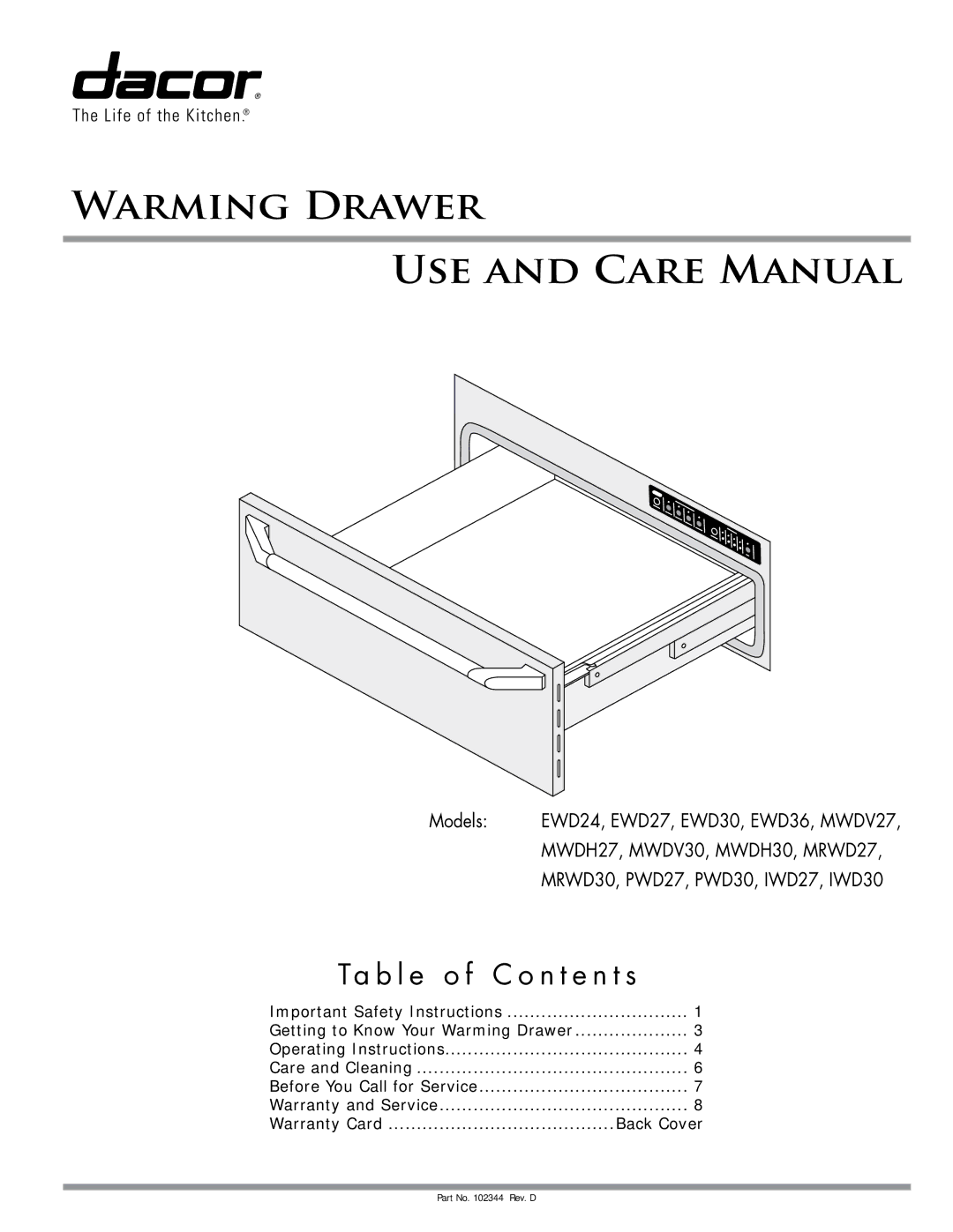 Dacor MRWD27, MRWD30 important safety instructions Ta b l e o f C o n t e n t s, Back Cover 