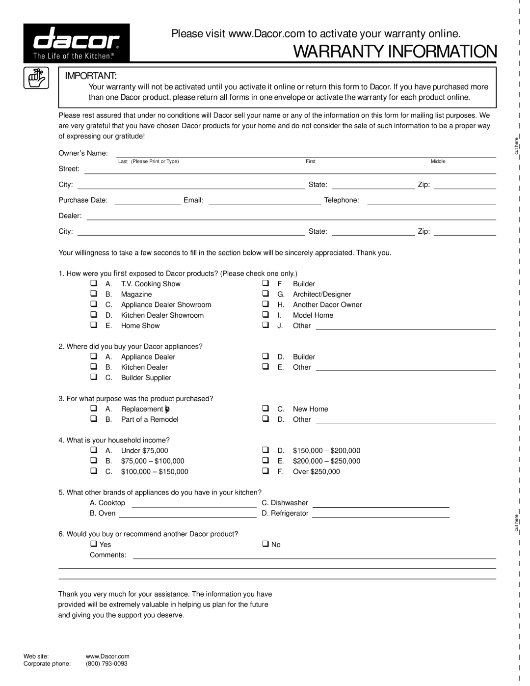 Dacor MRWD30, MRWD27 important safety instructions Warranty Information 