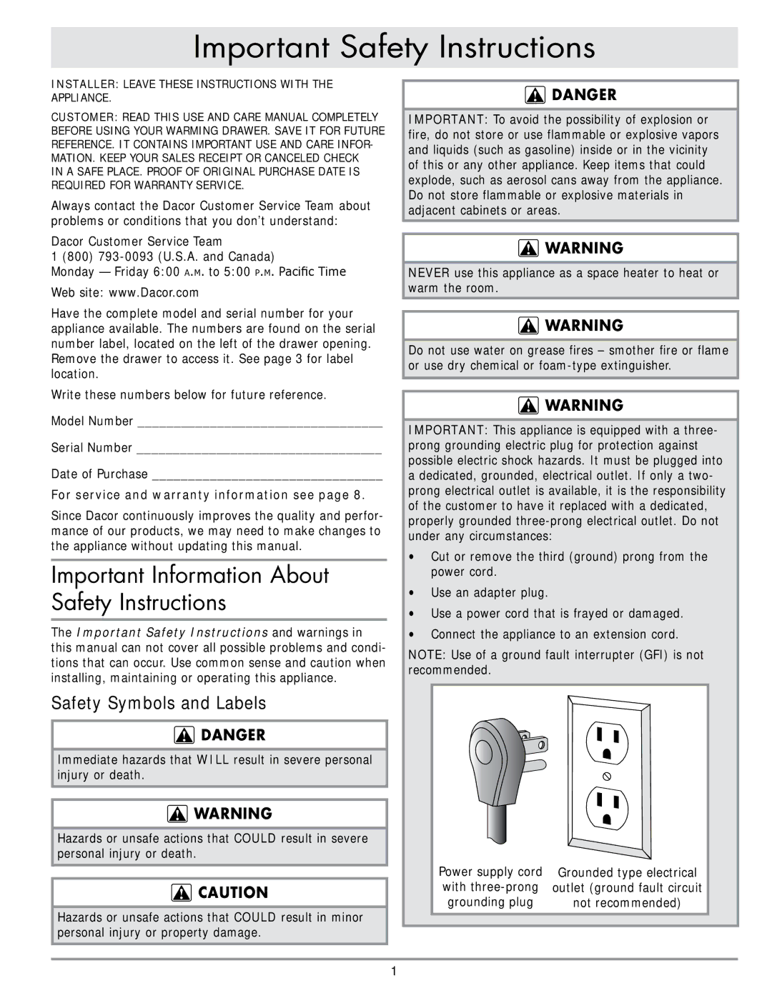 Dacor MRWD27 Important Safety Instructions, Important Information About Safety Instructions, Safety Symbols and Labels 