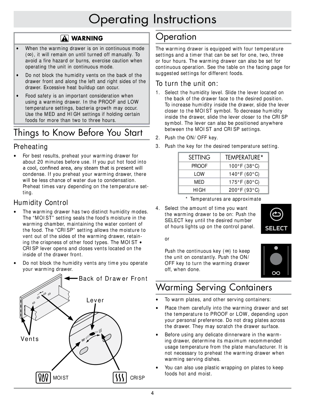 Dacor MRWD30, MRWD27 Operating Instructions, Things to Know Before You Start, Operation, Warming Serving Containers 