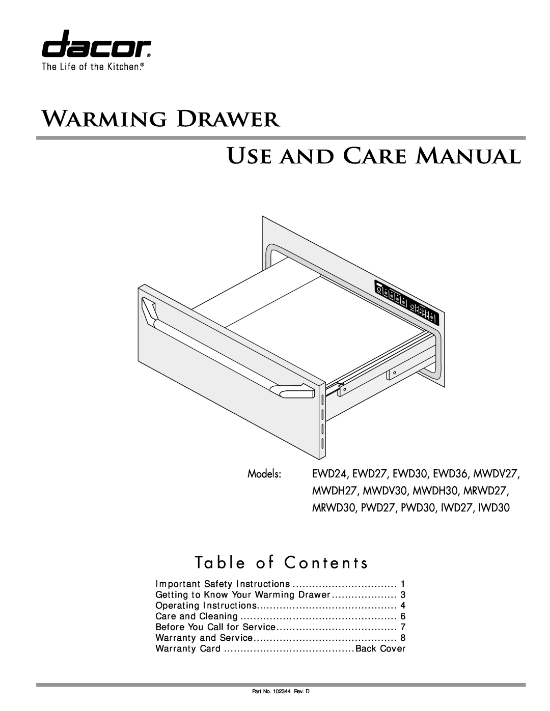 Dacor MRWD30 important safety instructions Warming Drawer Use And Care Manual, Models, MWDH27, MWDV30, MWDH30, MRWD27 
