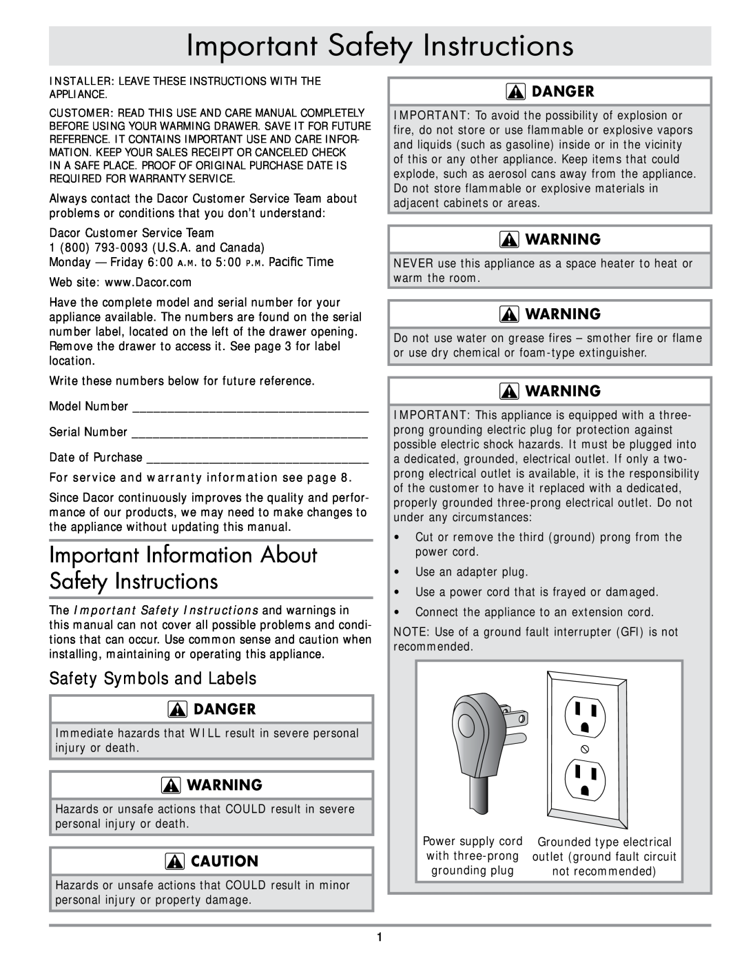 Dacor MRWD27, MRWD30 important safety instructions Important Safety Instructions, Safety Symbols and Labels, danger 
