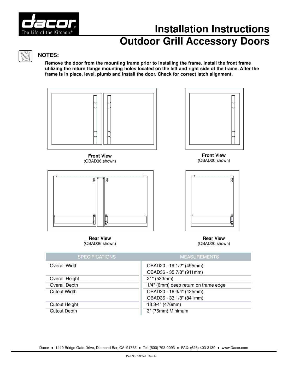 Dacor OBAD20 installation instructions Installation Instructions Outdoor Grill Accessory Doors, Rear View, Specifications 