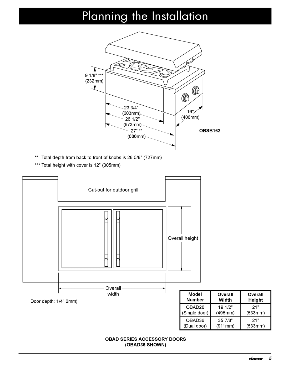 Dacor OBSB162, OBS52, OBS36, OB52, OB36 specifications Overall, Number Width Height 