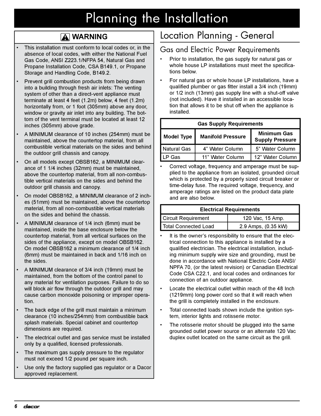 Dacor OBS52, OBSB162, OBS36, OB52 Location Planning General, Gas and Electric Power Requirements, Electrical Requirements 