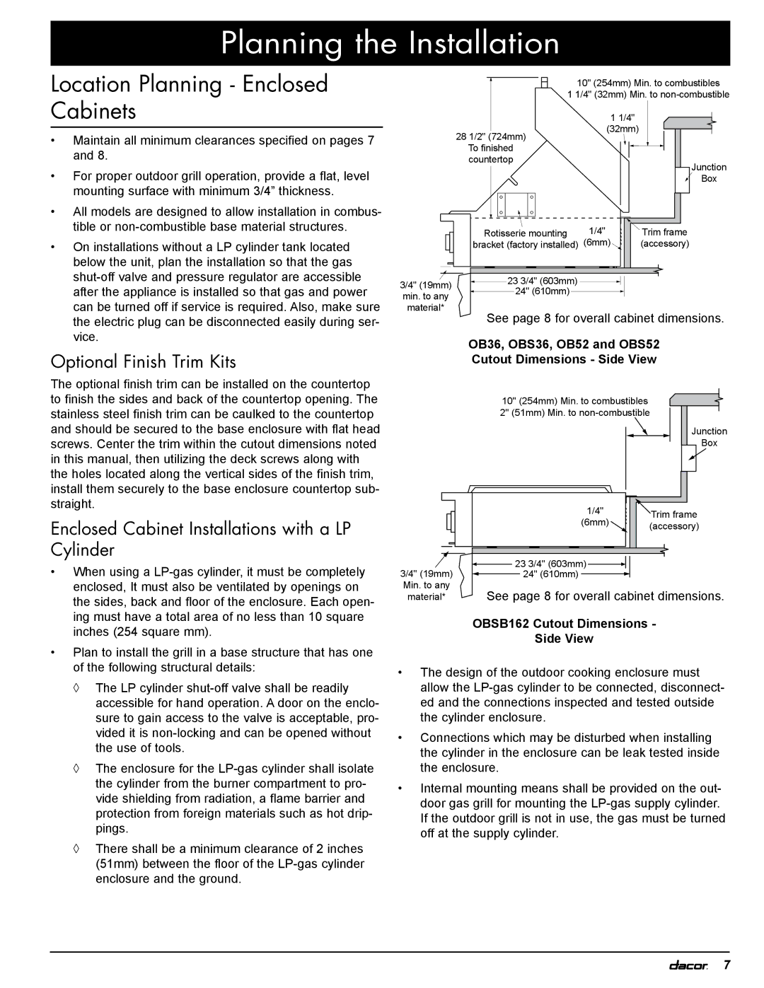 Dacor OBS36, OBS52 Location Planning Enclosed Cabinets, Optional Finish Trim Kits, OBSB162 Cutout Dimensions Side View 