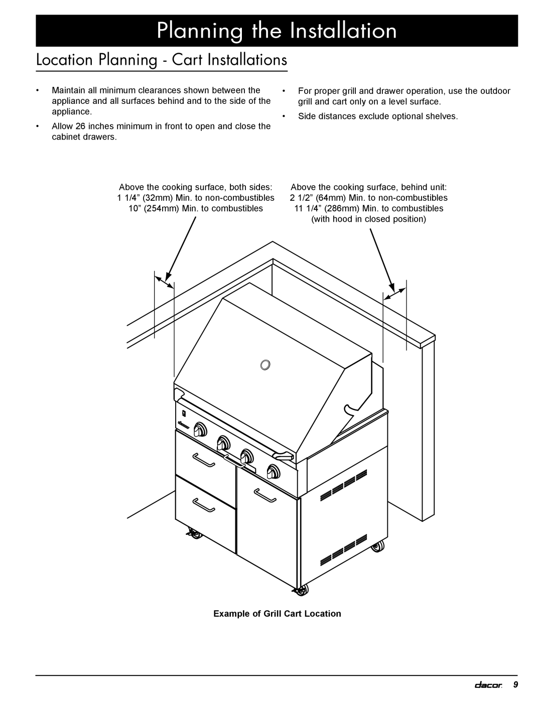 Dacor OB36, OBSB162, OBS52, OBS36, OB52 specifications Location Planning Cart Installations, Example of Grill Cart Location 