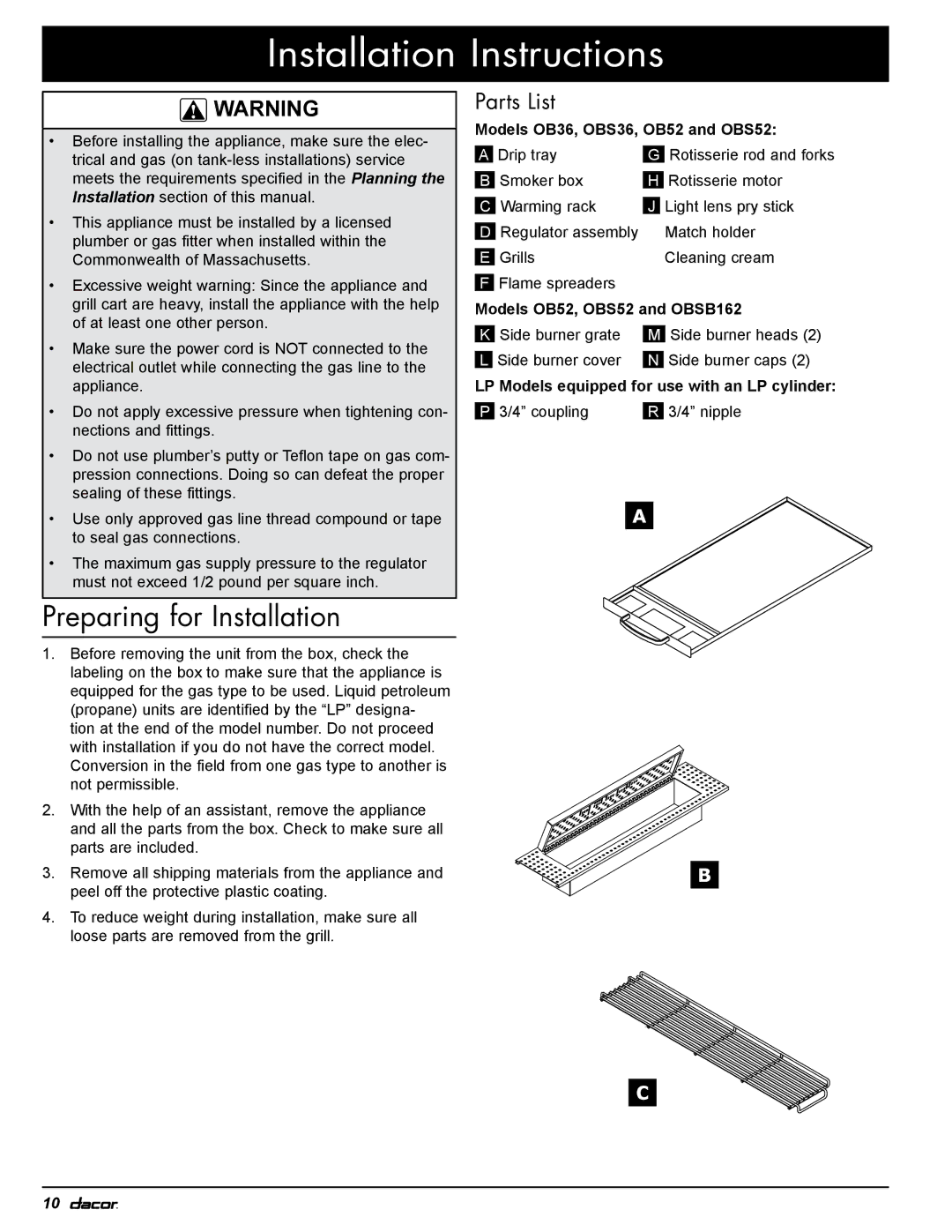 Dacor Preparing for Installation, Parts List, Models OB36, OBS36, OB52 and OBS52, Models OB52, OBS52 and OBSB162 