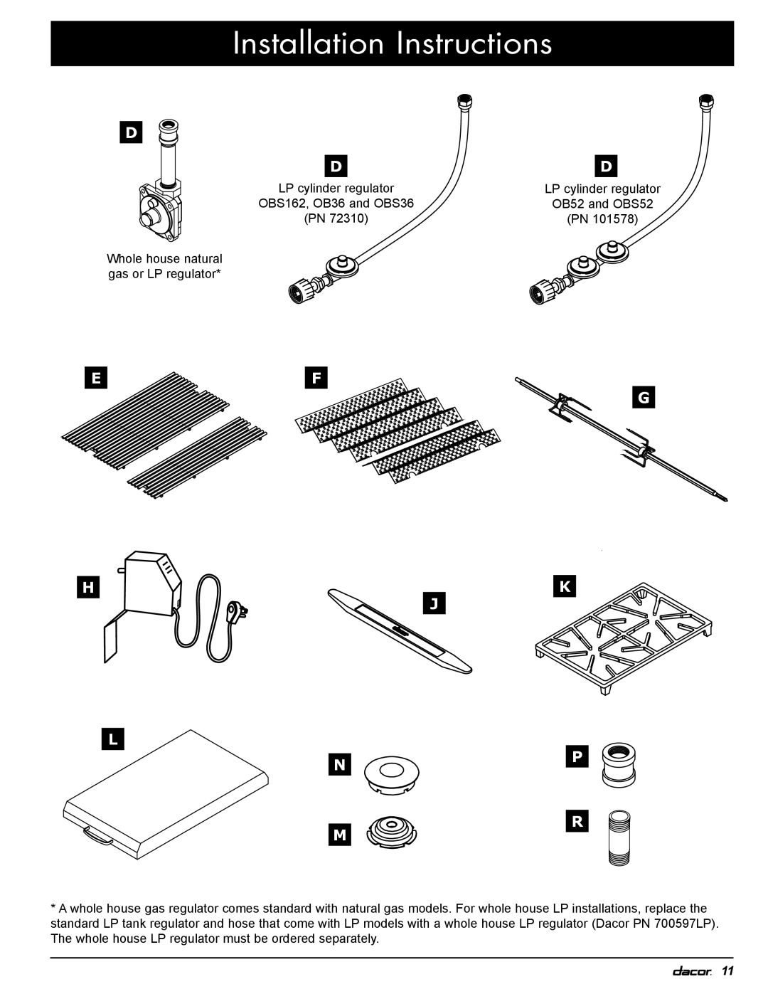 Dacor OBS52, OBSB162, OBS36, OB52, OB36 specifications Installation Instructions 