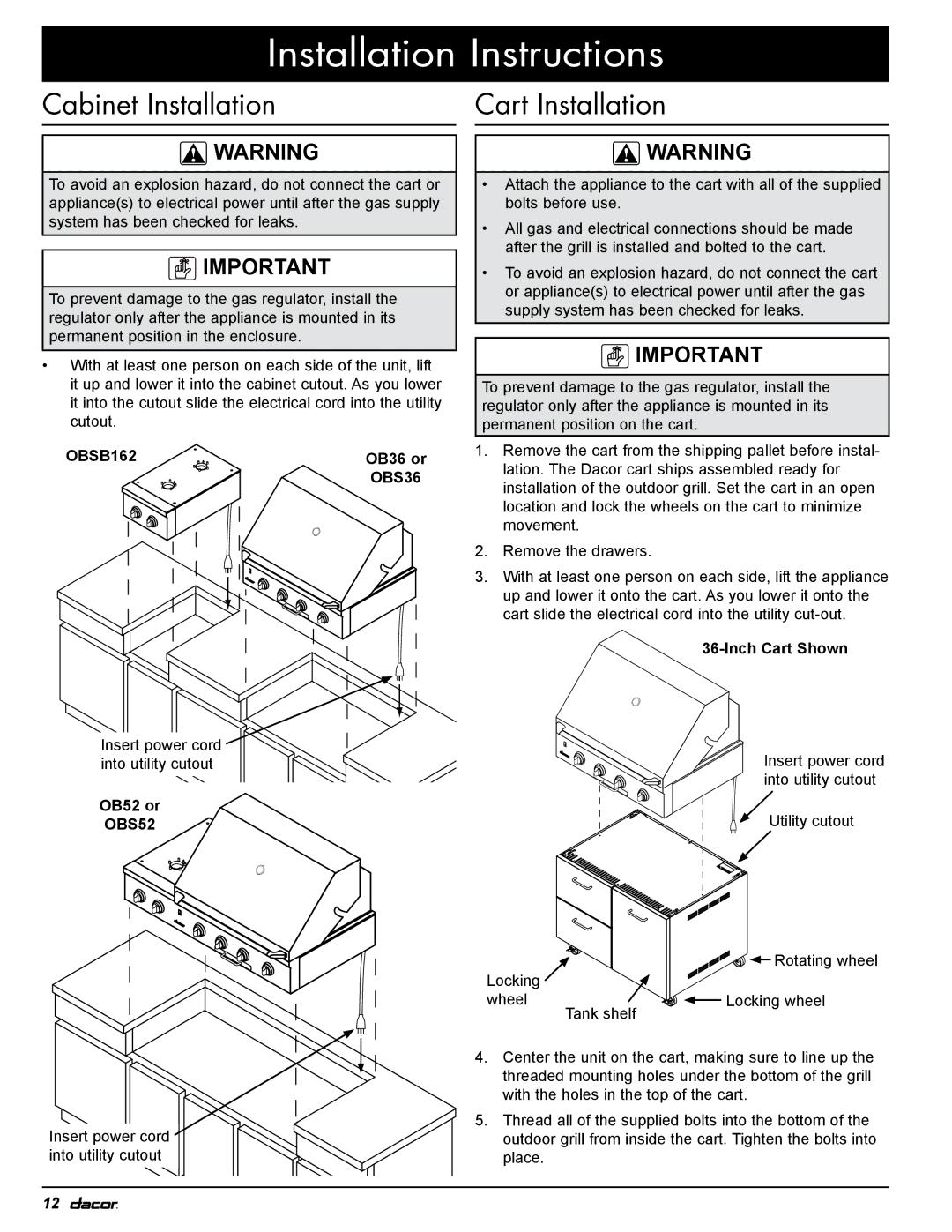 Dacor OBS36, OBSB162, OBS52 specifications Cabinet Installation, Cart Installation, OB36 or, OB52 or, Inch Cart Shown 