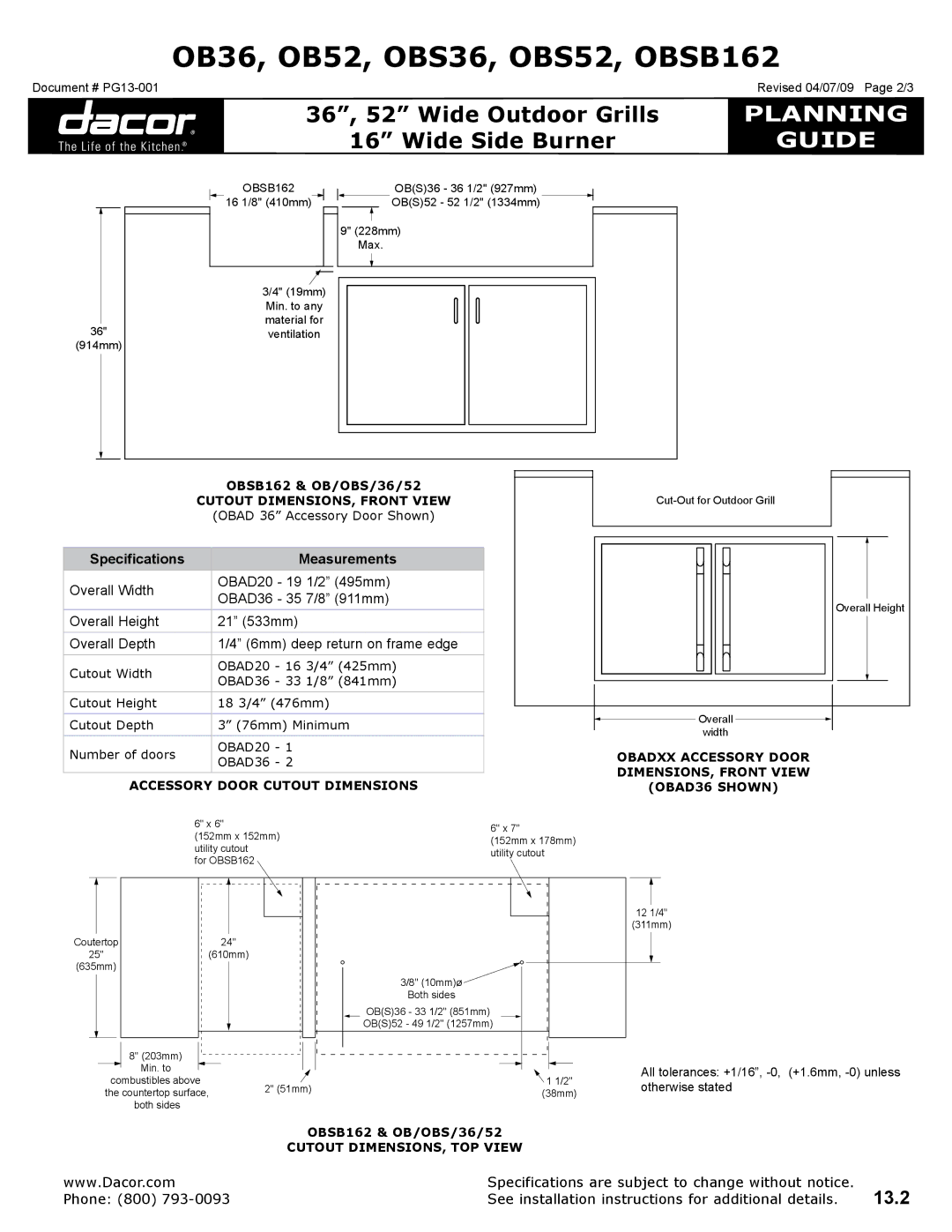 Dacor OBS36, OBSB162, OBS52, OB52, OB36 specifications 13.2 