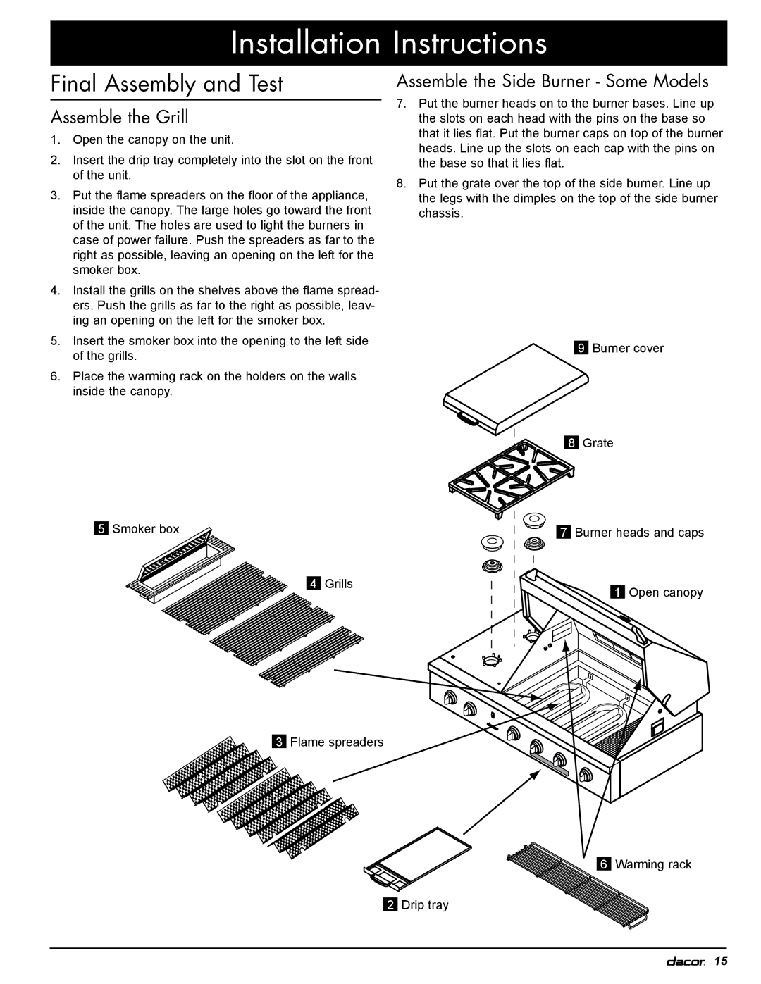 Dacor OBSB162, OBS52, OBS36, OB52, OB36 Final Assembly and Test, Assemble the Grill, Assemble the Side Burner Some Models 