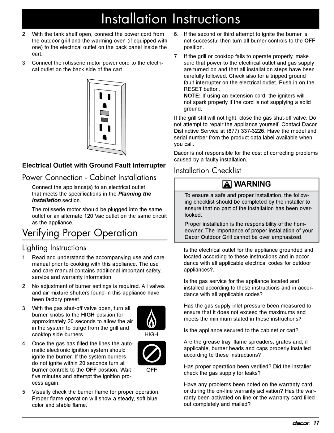 Dacor OBS36, OBSB162, OBS52, OB52 Verifying Proper Operation, Power Connection Cabinet Installations, Lighting Instructions 