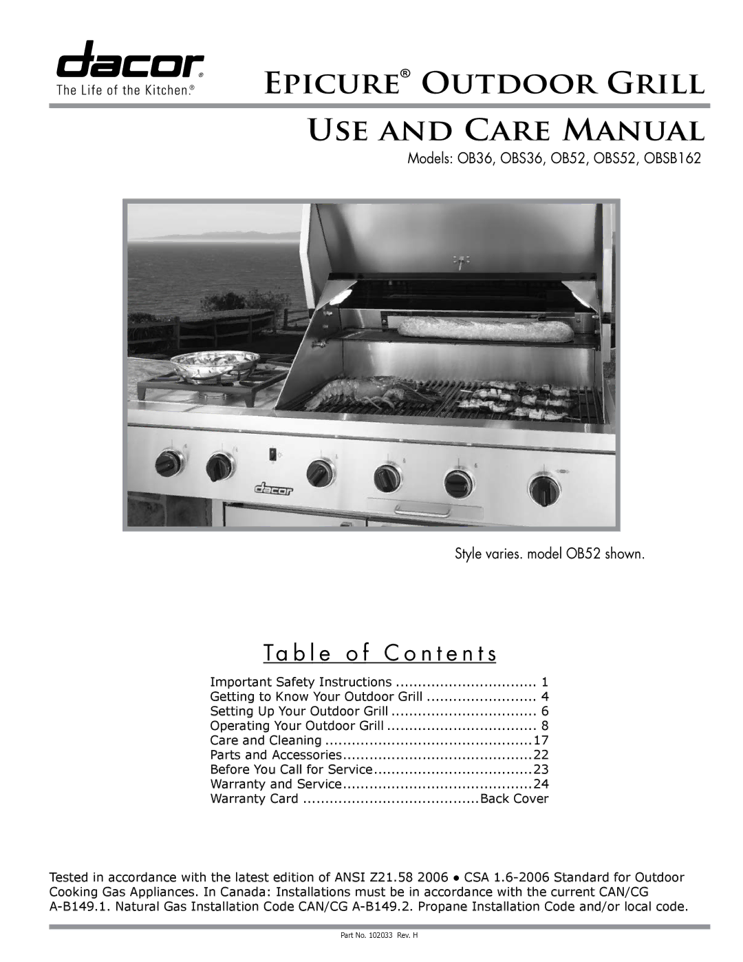 Dacor OB52, OBSB162, OBS52, OBS36, OB36 specifications Ta b l e o f C o n t e n t s, Back Cover 