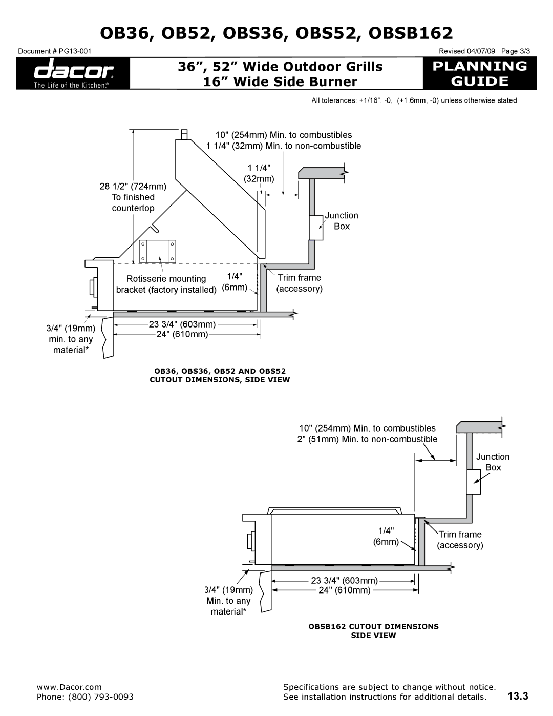 Dacor OB52, OBSB162, OBS52, OBS36, OB36 specifications 13.3 