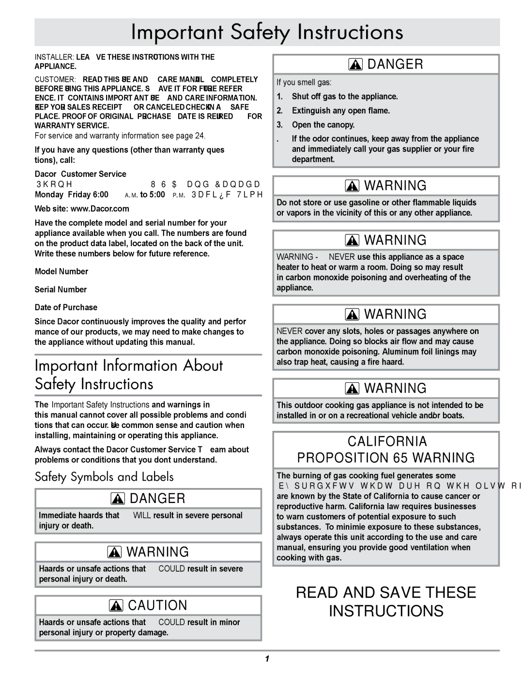 Dacor OBSB162, OBS52, OBS36, OB52, OB36 specifications Important Safety Instructions, Model Number Serial Number 