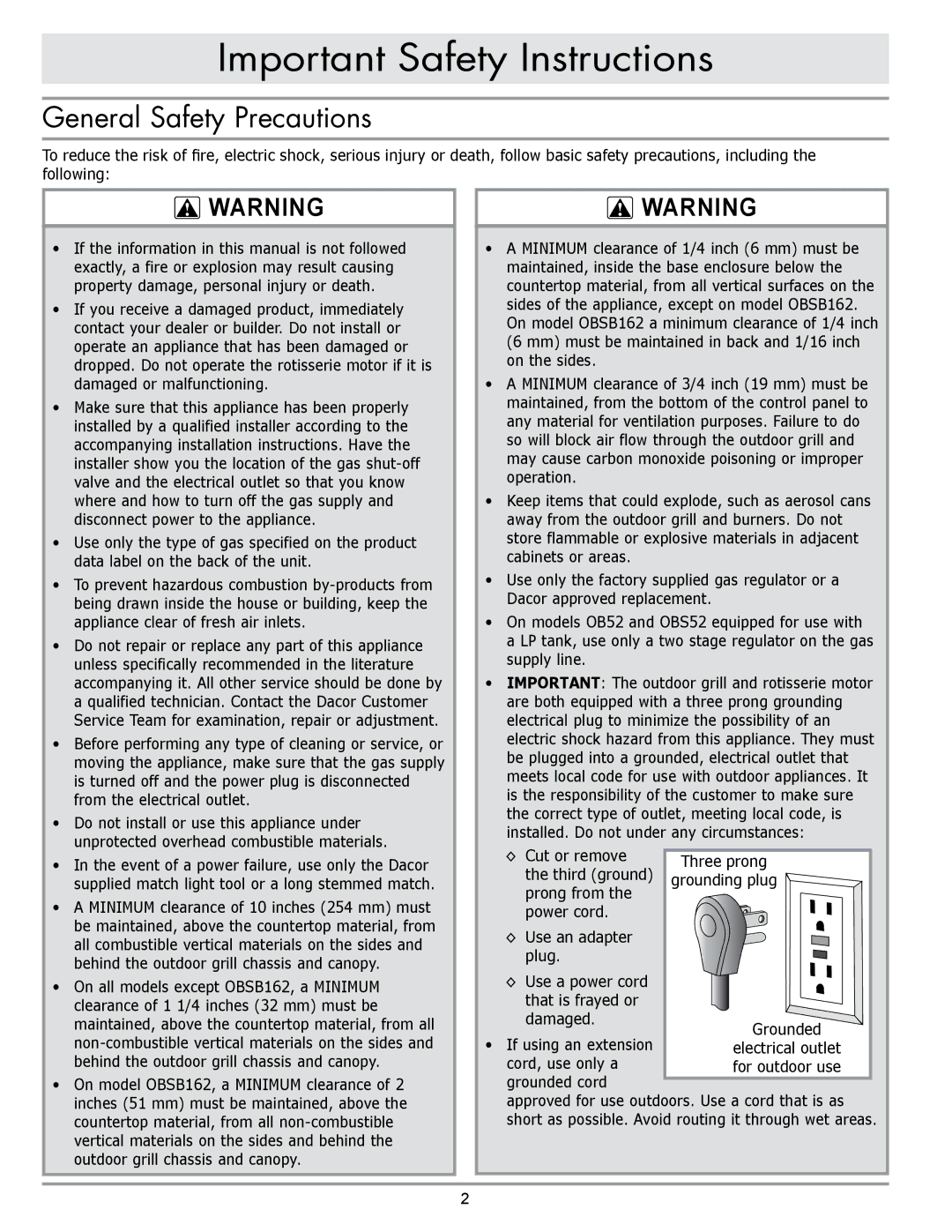 Dacor OBS52, OBSB162, OBS36, OB52, OB36 specifications General Safety Precautions, Use an adapter plug 