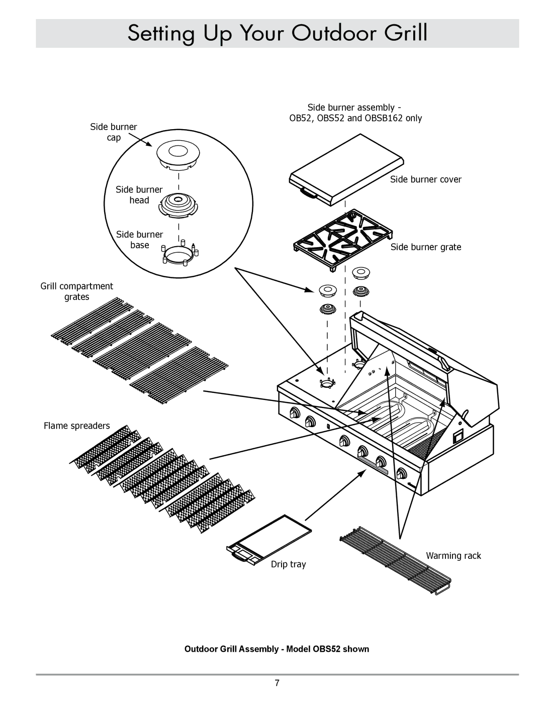 Dacor OBSB162 Side burner cover Side burner grate Drip tray Warming rack, Outdoor Grill Assembly Model OBS52 shown 