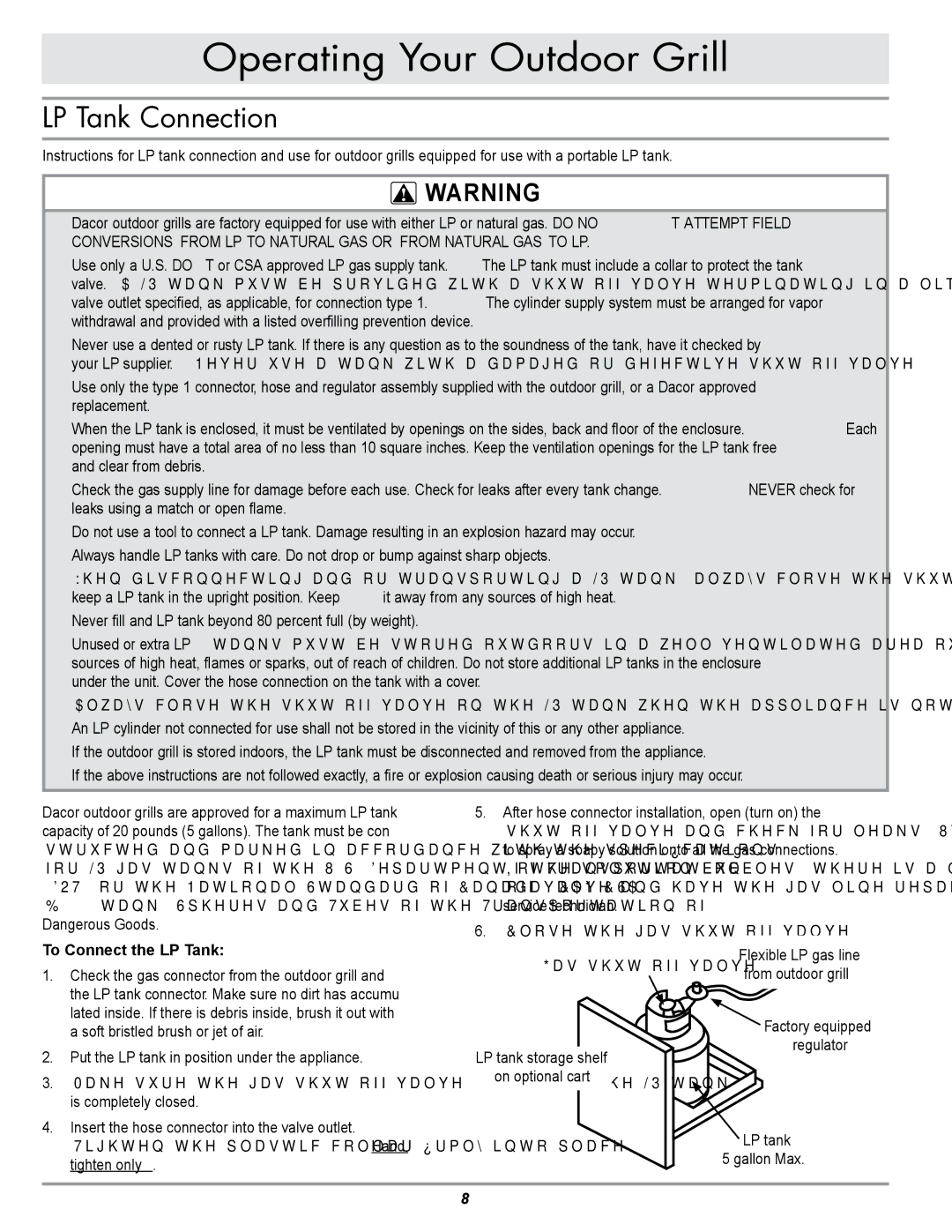 Dacor OBS36, OBSB162, OBS52, OB52, OB36 specifications Operating Your Outdoor Grill, LP Tank Connection, To Connect the LP Tank 