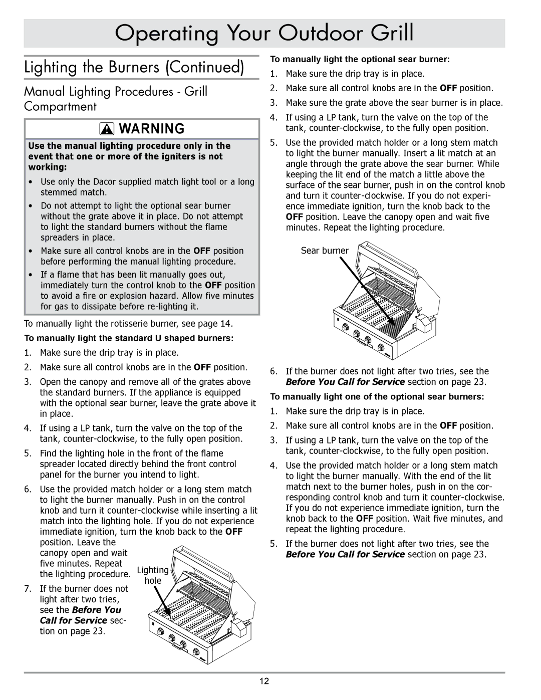 Dacor OBS52, OBSB162, OBS36 Manual Lighting Procedures Grill Compartment, To manually light the standard U shaped burners 