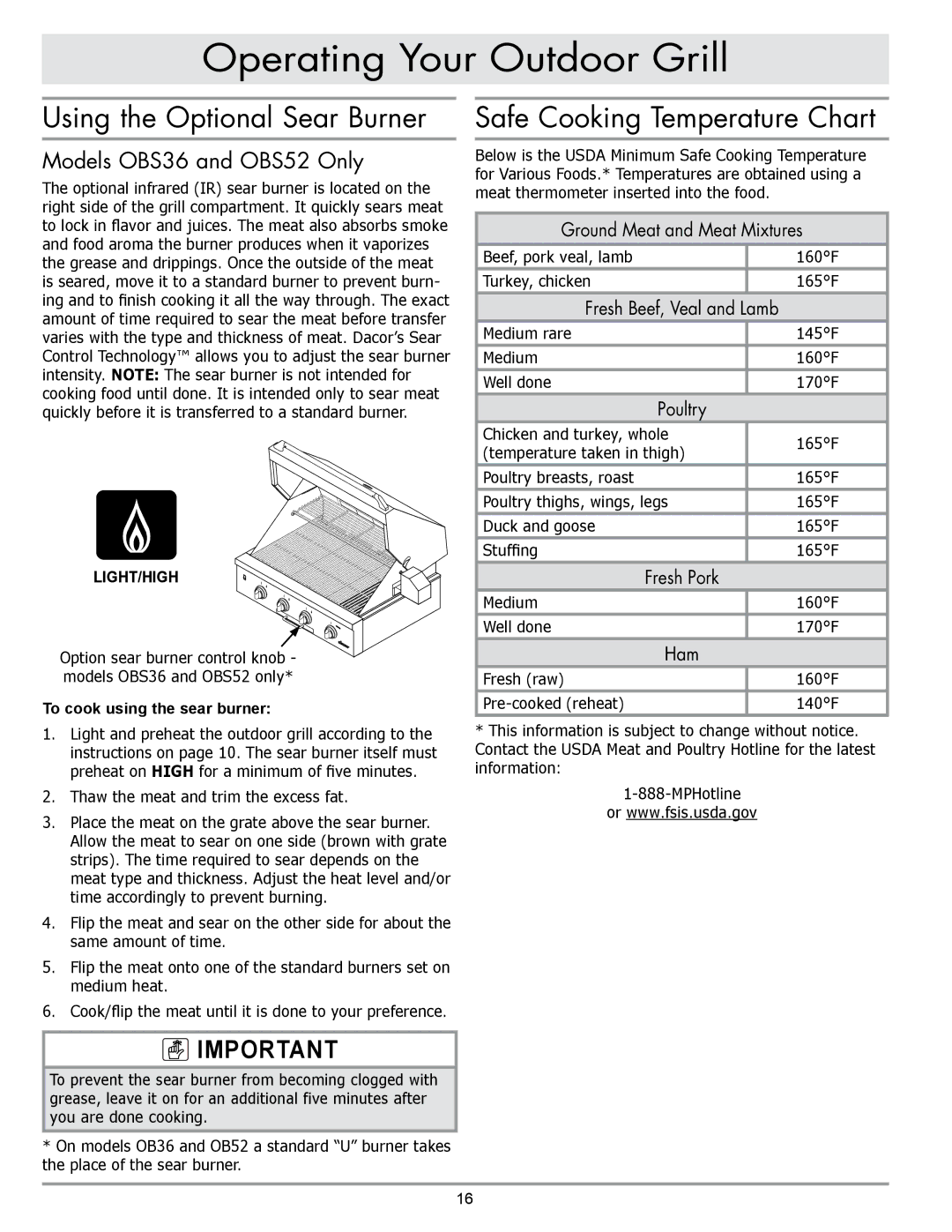 Dacor OBSB162, OB52, OB36 Using the Optional Sear Burner, Safe Cooking Temperature Chart, Models OBS36 and OBS52 Only 