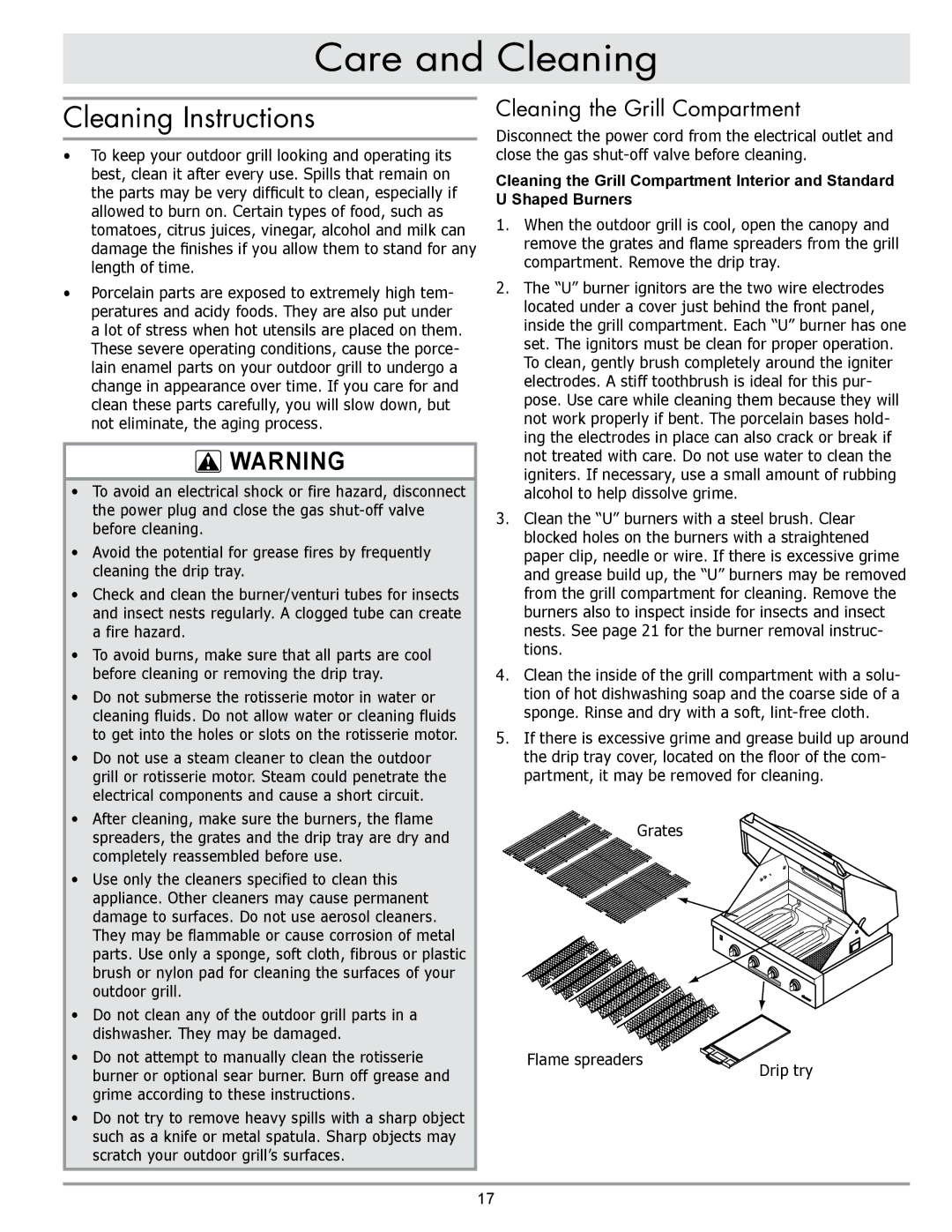 Dacor OBS52, OBSB162, OB52 Care and Cleaning, Cleaning Instructions, Cleaning the Grill Compartment, Grates Flame spreaders 