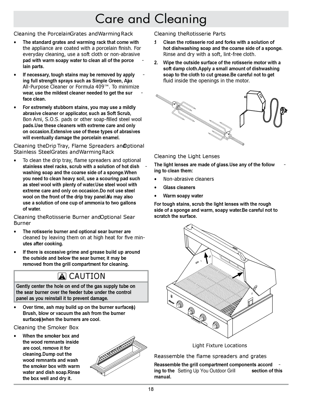 Dacor OBS36, OBS52 Cleaning the Porcelain Grates and Warming Rack, Cleaning the Rotisserie Burner and Optional Sear Burner 