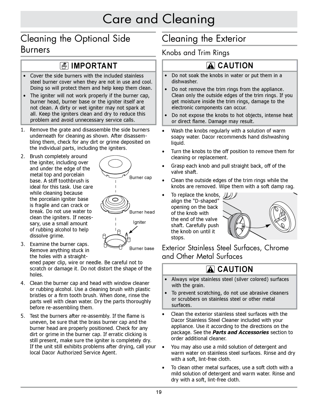 Dacor OB52, OBSB162, OBS52, OBS36, OB36 Cleaning the Optional Side Burners, Cleaning the Exterior, Knobs and Trim Rings 