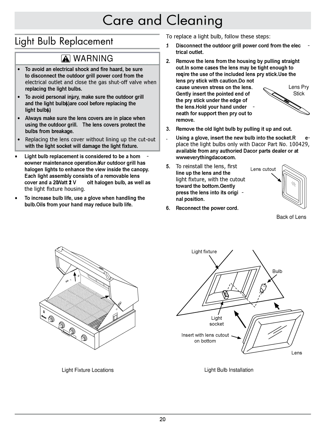 Dacor OB36, OBSB162, OBS52, OBS36, OB52 specifications Light Bulb Replacement, Back of Lens, Light Fixture Locations 