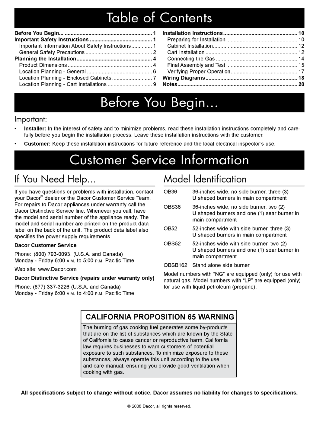 Dacor OBSB162, OBS52, OBS36, OB52, OB36 specifications Table of Contents 