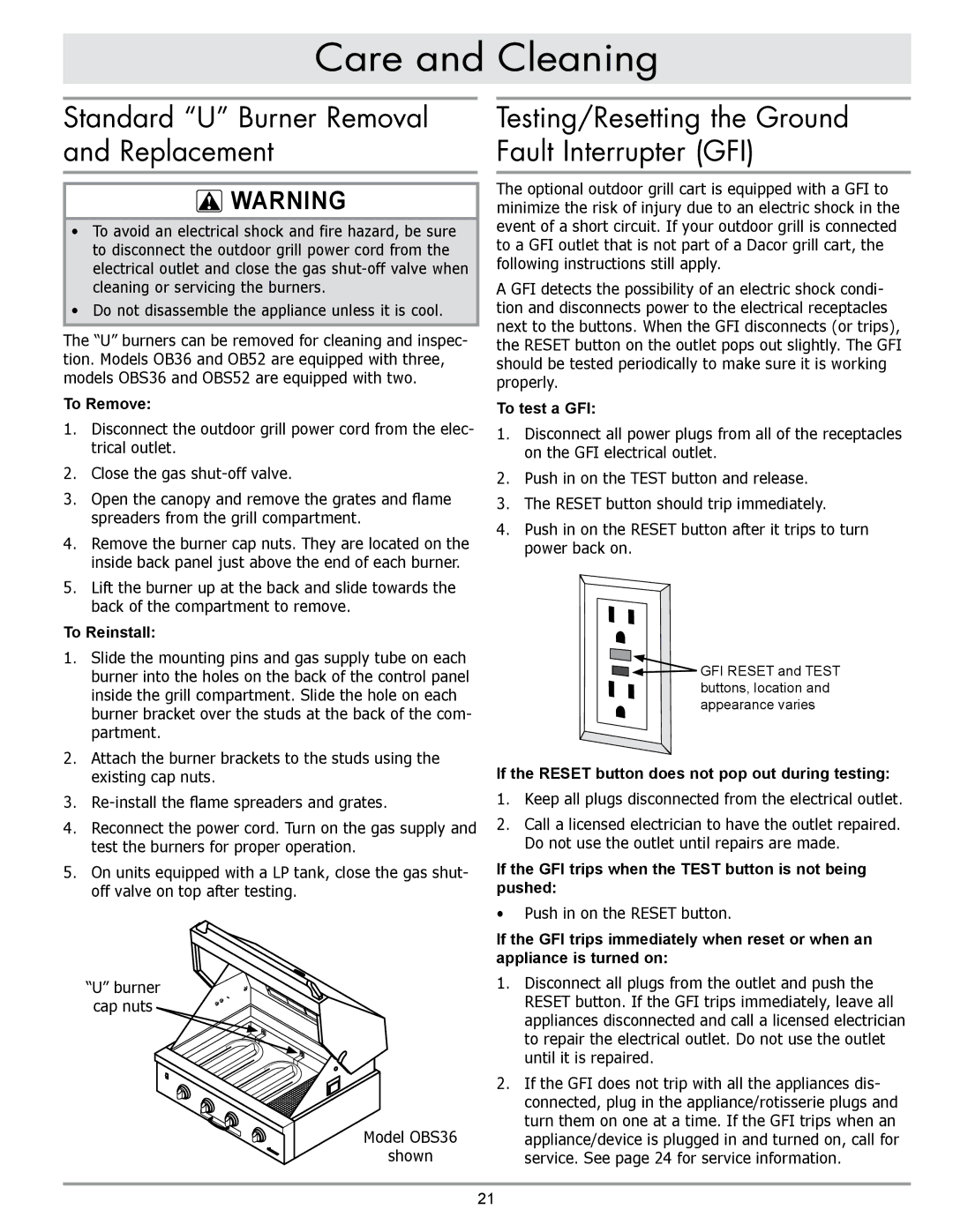 Dacor OBSB162, OBS52, OBS36, OB52, OB36 specifications Standard U Burner Removal and Replacement 