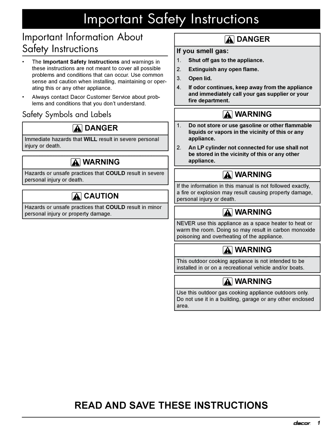 Dacor OBS52, OBSB162, OBS36, OB52, OB36 Important Information About Safety Instructions, Safety Symbols and Labels 