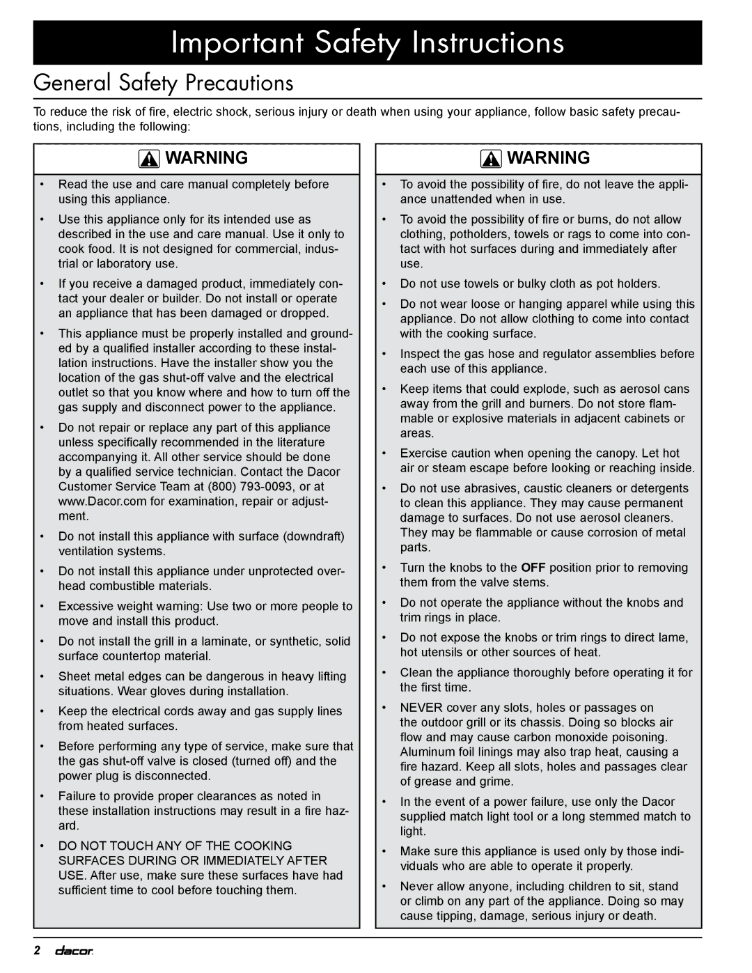 Dacor OBS36, OBSB162, OBS52, OB52, OB36 specifications General Safety Precautions 