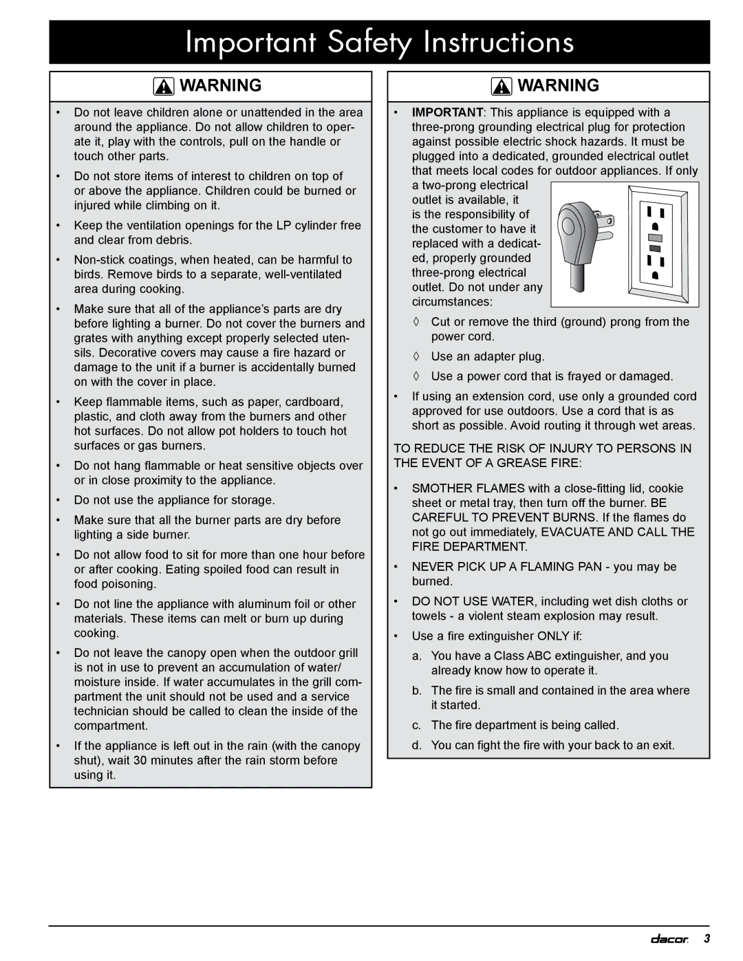 Dacor OB52, OBSB162, OBS52, OBS36, OB36 specifications Important Safety Instructions 