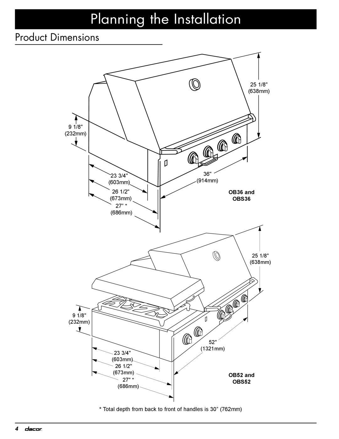 Dacor OB36, OBSB162, OBS52, OBS36 specifications Product Dimensions, OB52 