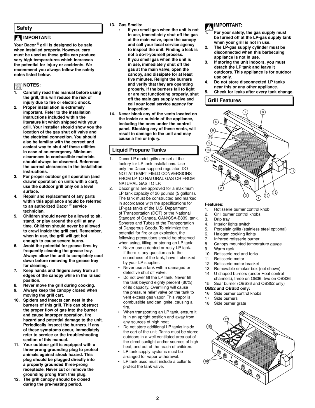 Dacor OB36, OBSB162, OBS52, OBS36, OB52 operating instructions Safety, Grill Features, Liquid Propane Tanks 