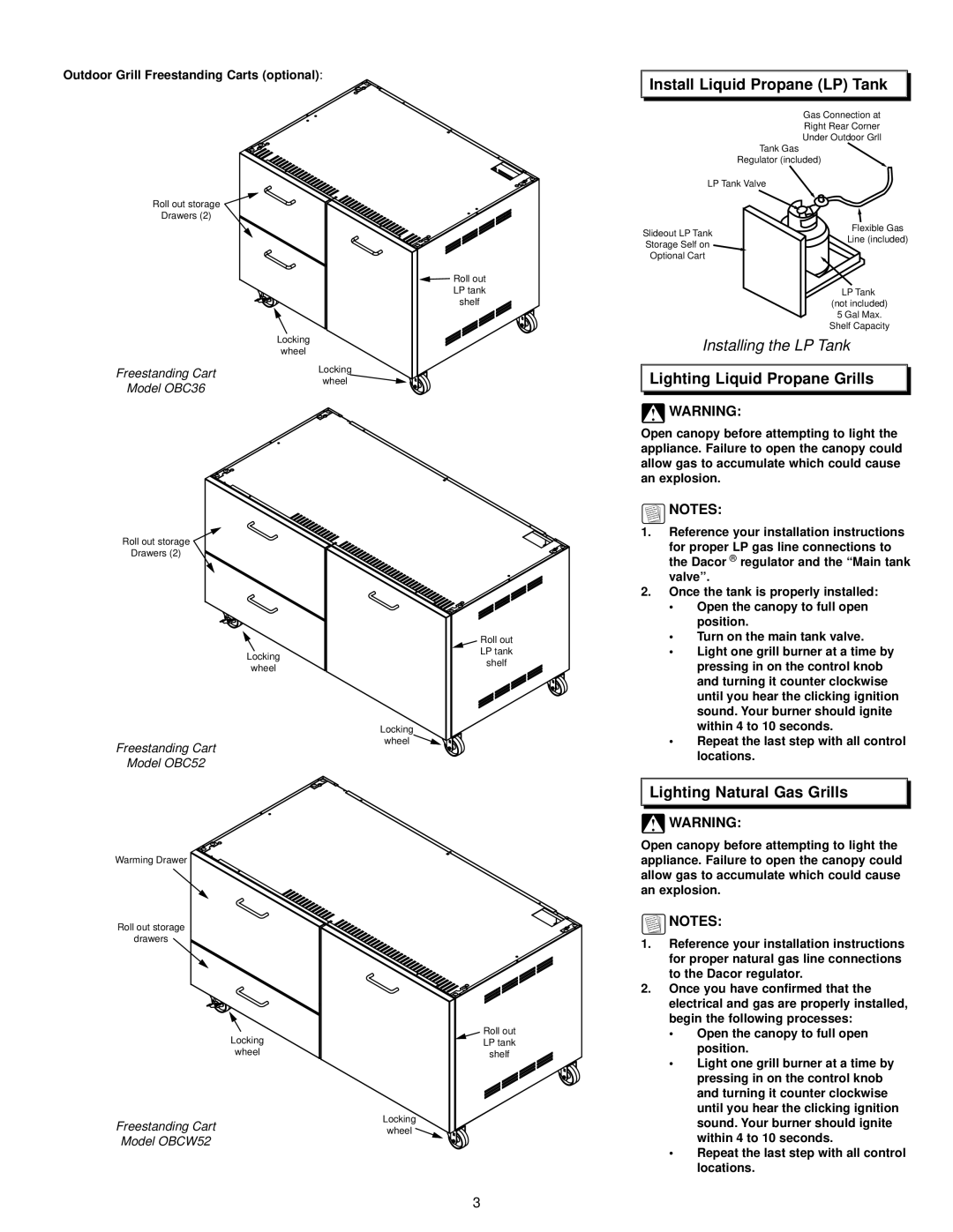 Dacor OBSB162, OBS52, OBS36 Install Liquid Propane LP Tank, Lighting Liquid Propane Grills, Lighting Natural Gas Grills 