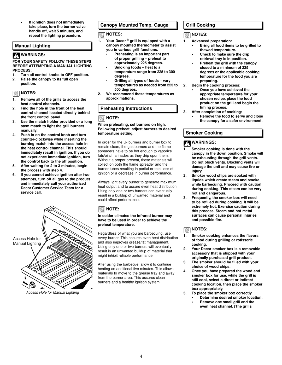 Dacor OBS52, OBSB162 Manual Lighting, Canopy Mounted Temp. Gauge, Preheating Instructions, Grill Cooking, Smoker Cooking 