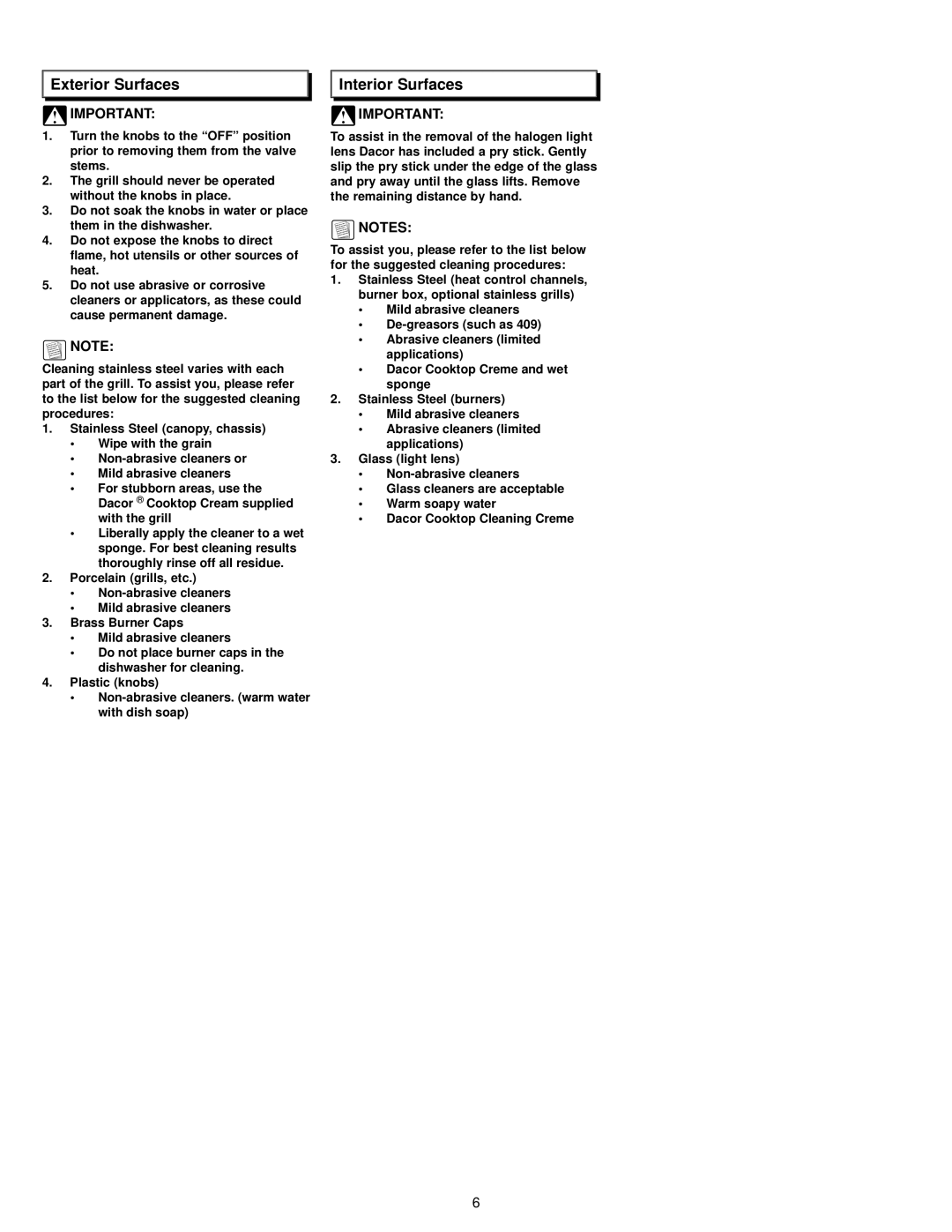 Dacor OB52, OBSB162, OBS52, OBS36, OB36 operating instructions Exterior Surfaces, Interior Surfaces 