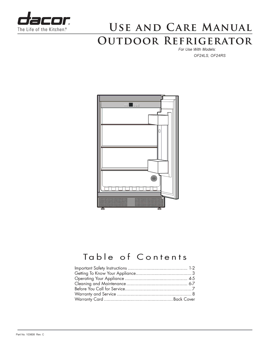 Dacor OF24LS, OF24RS manual USE and Care Manual Outdoor Refrigerator 